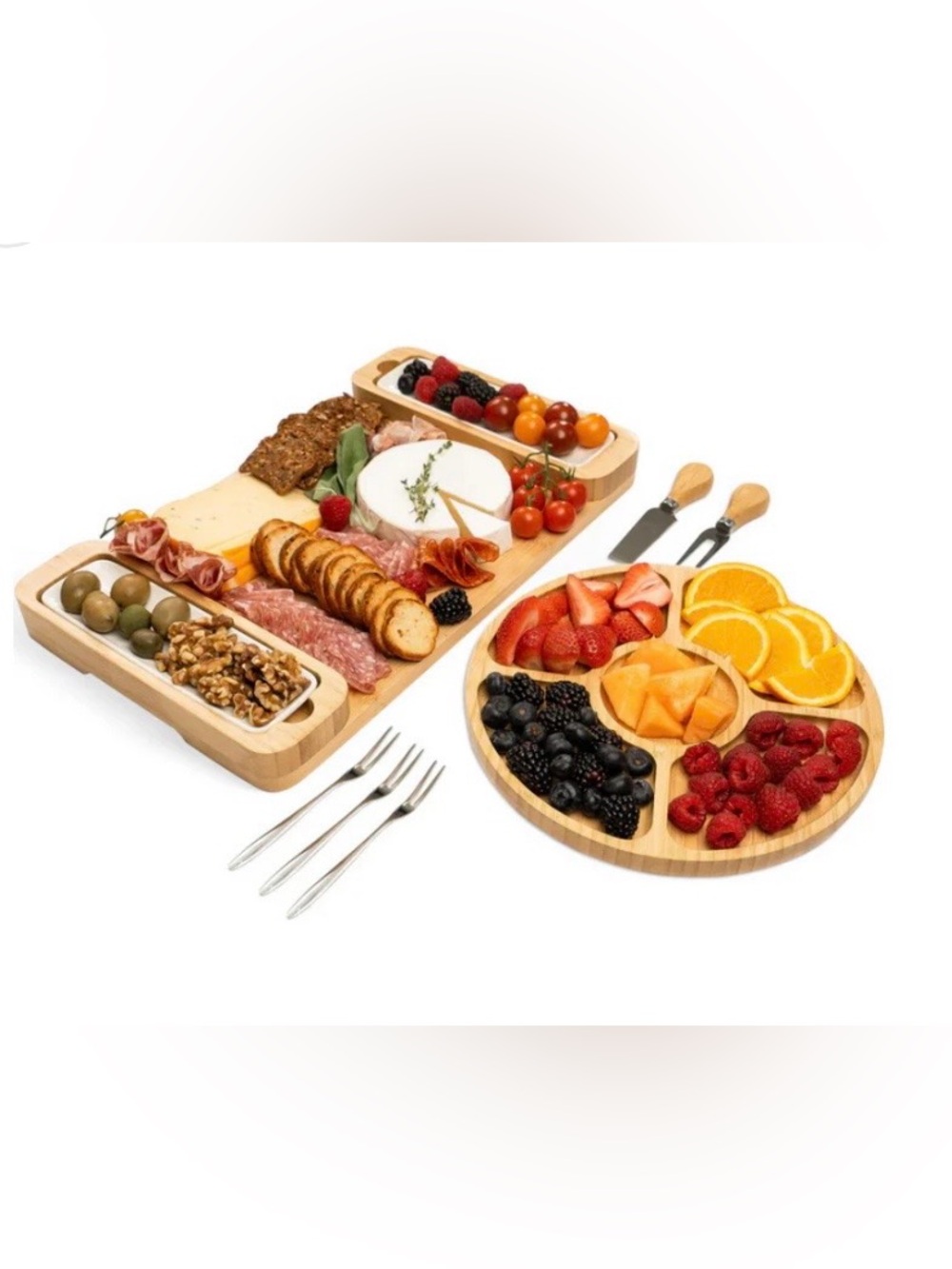 NWT BAMBUSI Bamboo Charcuterie Serving Board Set/Round Divided Tray #0501262
